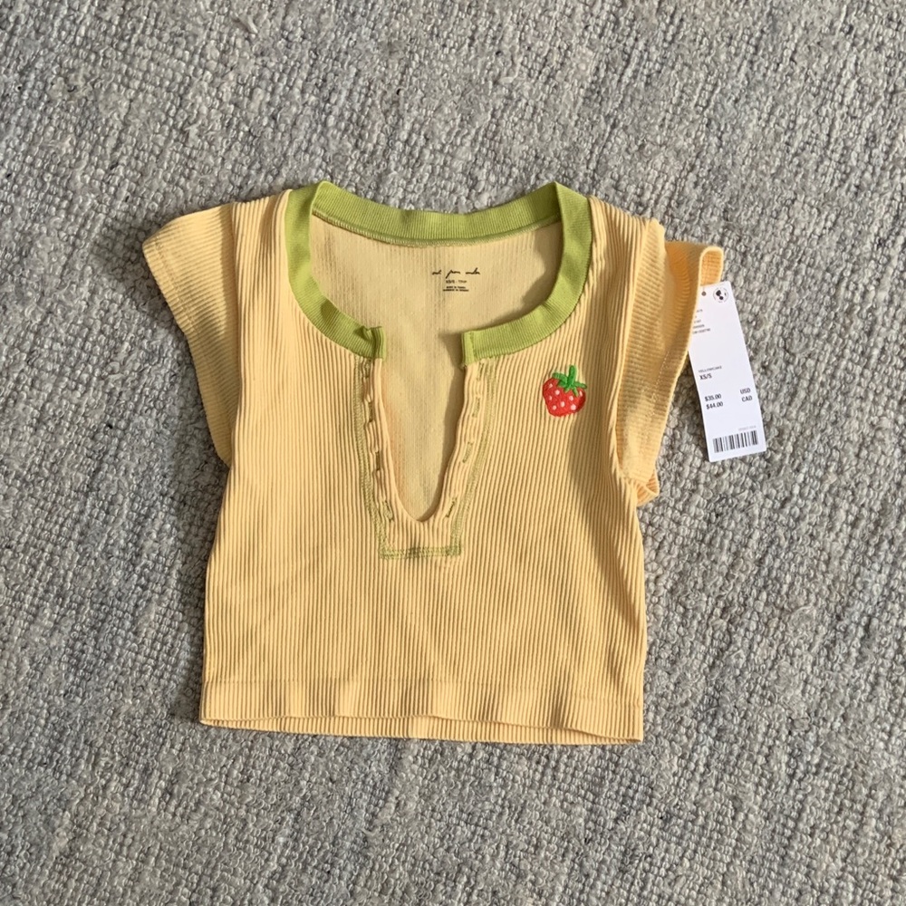 Urban Outfitters Yellow and Green Crop Top with Strawberry Patch